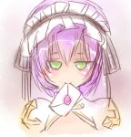  1girl arch_bishop_(ragnarok_online) black_hairband blush closed_mouth commentary_request dress envelope frilled_hairband frills green_eyes hairband letter looking_at_viewer lowres mouth_hold poring purple_hair ragnarok_online short_hair simple_background smile solo upper_body white_dress yukimushi 