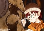  black-framed_eyewear blue_eyes chrono_trigger closed_mouth commentary_request frown glasses hand_up hat holding lucca_ashtear orange_scarf red_hair repairing robo robot scarf shirokuro-kun solo twitter_username 