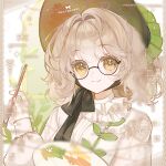  1girl black-framed_eyewear black_bonnet black_bow black_bowtie blunt_bangs bonnet bow bowtie chinese_commentary closed_mouth collared_shirt commentary_request commission dot_nose eyelashes fern floral_print frilled_headwear glasses hair_intakes high_collar highres holding holding_paint_palette holding_paintbrush hou_mianbao_gou leaf_print light_blush long_sleeves loose_hair_strand medium_hair nikki_(series) paint_palette paintbrush puffy_long_sleeves puffy_sleeves round_eyewear sample_watermark shining_nikki shirt smile solo spring_forest_(shining_nikki) too_many_watermarks upper_body watermark white_background white_shirt window yellow_eyes 