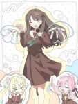  &gt;_&lt; 3girls :d ;d anyoji_hime aqua_hair aqua_neckerchief black_ribbon blonde_hair blunt_bangs blush blush_stickers brown_dress brown_hair churhami crying curtained_hair drawn_wings dress fang flower fujishima_megumi glowstick gradient_hair hair_flower hair_ornament hair_ribbon hasu_no_sora_school_uniform highres holding holding_glowstick hood hooded_jacket jacket link!_like!_love_live! long_hair long_sleeves love_live! medium_dress mira-cra_park! multi-tied_hair multicolored_hair multiple_girls neckerchief one_eye_closed open_clothes open_jacket open_mouth osawa_rurino parted_bangs penlight_(glowstick) pink_flower pink_hair pink_jacket pleated_dress polka_dot polka_dot_background ponytail purple_eyes red_neckerchief ribbon sailor_collar sailor_dress school_uniform smile streaming_tears tears two_side_up virtual_youtuber white_background white_sailor_collar winter_uniform xd yappa_tenshi! yellow_neckerchief 
