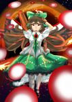  1girl absurdres arm_cannon arms_up artist_request brown_hair control_rod_(touhou) danmaku green_skirt highres long_hair looking_at_viewer non-web_source red_eyes reiuji_utsuho reiuji_utsuho_(bird) shirt skirt solo source_request tagme touhou weapon white_shirt 
