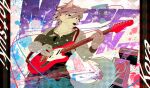  1boy animal_ears black_shirt black_tank_top cable character_name closed_mouth commentary_request dog_boy dog_ears dog_tags dog_tail electric_guitar furry furry_male guitar instrument jewelry kouya_aotsuki male_focus morenatsu necklace paripoi_(dragoooon1223) shirt sleeveless sleeveless_shirt smile speaker tail tank_top 