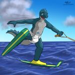 aliothfox animate_inanimate anthro blue_sky clean_diaper clothed clothing cloud diaper dinosaur hi_res holding_object inflatable living_inflatable male one_leg_up open_mouth pool_toy prehistoric_species raised_arm raised_leg reptile scalie skipper(zoran) sky solo theropod tyrannosaurid tyrannosauroid tyrannosaurus tyrannosaurus_rex water waterskiing wearing_diaper white_diaper worried_look