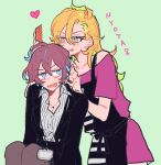  2girls :q adjusting_another&#039;s_hair ahoge apron arms_at_sides asymmetrical_bangs bad_id bad_twitter_id bags_under_eyes blonde_hair blue_background blue_eyes blush breasts cleavage collared_shirt comb cowboy_shot cross cross_necklace dress eyelashes furrowed_brow genderswap genderswap_(mtf) hair_between_eyes heart highres holding holding_comb hypnosis_mic izanami_hifumi jacket jewelry kannonzaka_doppo lanyard leaning_forward long_hair looking_at_another medium_breasts mido_mokuzu multicolored_eyes multicolored_hair multiple_girls necklace off-shoulder_dress off_shoulder office_lady open_clothes open_jacket pantyhose partially_unbuttoned peanut_mouth red_hair romaji_text shirt shirt_tucked_in short_dress short_hair simple_background sitting skirt streaked_hair suit_jacket sweatdrop tongue tongue_out two-tone_eyes v-shaped_eyebrows venus_symbol wavy_hair yellow_eyes 