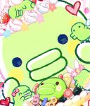  1119mna absurdres angel angel_wings blush_stickers bow clone colored_skin commentary_request creature creature_focus food fruit green_skin halo head_wreath highres ice_cream icing kuchipatchi no_humans on_head solid_circle_eyes sprinkles strawberry sundae sweets tamagotchi tamagotchi_(creature) wings 