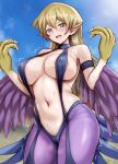  1girl areola_slip blush breasts brown_eyes brown_hair cosplay fake_pointy_ears feathered_wings female_pubic_hair harpie_lady harpie_lady_(cosplay) large_breasts long_hair navel pantyhose pubic_hair purple_pantyhose purple_wings r-binon solo talons tenjouin_asuka trembling winged_arms wings yu-gi-oh! yu-gi-oh!_gx 