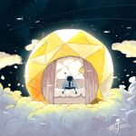  1other absurdres artist_name bed bed_sheet blue_jacket camping cloud commentary curtains fish flying_fish gloves helmet highres jacket kazunoko_(kazunoko_zunoco) lamp lampshade on_bed on_cloud original other_focus radio_antenna shooting_star signature sitting solo space space_helmet star_(sky) tent white_gloves 
