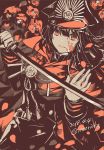  black_hair blood blood_on_face blood_splatter coat commentary_request dated fate_(series) gloves hat highres holding holding_sword holding_weapon jacket katana koha-ace long_hair long_sleeves looking_at_viewer monochrome oda_nobunaga_(fate) parted_lips peaked_cap red red_eyes red_scarf rioka_(southern_blue_sky) scarf smile solo standing sword twitter_username upper_body weapon 