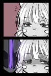  1other 2koma :&lt; black_border bondrewd border closed_mouth comic commentary_request eyebrows_visible_through_hair glowing half-closed_eyes helmet highres horizontal_pupils limited_palette made_in_abyss nanachi_(made_in_abyss) notice_lines usuki_(usukine1go) whiskers 