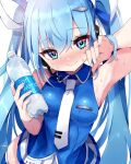  1girl aqua_eyes aqua_hair arm_up armpits blue_thighhighs blush bottle breasts closed_mouth hair_between_eyes hair_ornament hatsune_miku headphones highres holding holding_bottle koyubisennti medium_breasts necktie official_alternate_costume official_alternate_hairstyle pocari_sweat shirt sleeveless sleeveless_shirt smile solo sweat thighhighs upper_body vocaloid water_bottle white_nails white_necktie 