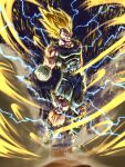  1boy aura blonde_hair blue_bodysuit bodysuit boots clenched_hand dragon_ball dragon_ball_z full_body gloves green_eyes highres majin_vegeta male_focus medium_hair neophyte_illust solo spiked_hair super_saiyan super_saiyan_2 torn_bodysuit torn_clothes vegeta white_boots white_gloves 