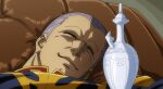  1boy bottle closed_eyes closed_mouth commentary_request couch gihren_zabi gundam gundam_gquuuuuux korean_commentary male_focus on_couch purple_hair scene_reference short_hair sleeping smile solo spit_(takethestrain) 