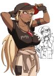  1girl 3amsoda arms_up black_hat blonde_hair blush breasts clothes_around_waist collarbone cowboy_shot crop_top dark-skinned_female dark_skin fingerless_gloves gloves hat highres holding holding_wrench jewelry kawana_tsubasa large_breasts long_hair necklace pants ponytail simple_background sketch_inset sleeve_pouch sweatdrop the_hundred_line_-last_defense_academy- white_background wrench yellow_eyes 