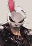  1boy animal_ears black_jacket facing_viewer grey_background himekawa_kei holding holding_weapon hungry_clicker jacket leather leather_jacket male_focus rabbit_ears simple_background solo upper_body weapon whiskers worst 