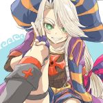  1boy arm_support boots christopher_columbus_(fate/grand_order) fate/grand_order fate_(series) fingerless_gloves gloves green_eyes grin hair_intakes hat long_hair looking_at_viewer low_ponytail male_focus purple_gloves shindoi shorts silver_hair sitting smile sock_garters solo v very_long_hair younger 