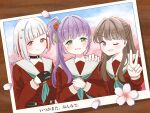  3girls :d ;d aqua_neckerchief black_choker black_gloves bob_cut brown_dress cherry_blossoms choker closed_mouth commentary_request diagonal_bangs dress flower fujishima_megumi gloves green_eyes hair_flower hair_ornament half_gloves hand_on_another&#039;s_shoulder hasu_no_sora_school_uniform highres inverted_bob link!_like!_love_live! long_sleeves looking_at_viewer love_live! multicolored_hair multiple_girls neckerchief o-ring o-ring_choker okome_(okome_l_l) one_eye_closed open_mouth otomune_kozue own_hands_together photo_(object) pink_flower pink_petals purple_hair red_eyes red_flower red_hair sailor_collar sailor_dress school_uniform short_hair sidelocks smile split_mouth star_(symbol) star_hair_ornament streaked_hair tassel tassel_hair_ornament translation_request upper_body v virtual_graduation_commemoration virtual_youtuber white_hair white_sailor_collar winter_uniform yugiri_tsuzuri 