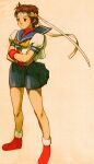  1girl absurdres bengus blue_sailor_collar brown_eyes brown_hair buruma capcom crossed_arms fingerless_gloves game_cg gloves headband highres kasugano_sakura marvel marvel_vs._capcom marvel_vs._capcom_2 non-web_source official_art red_undershirt sailor_collar sailor_crest scan school_uniform serafuku shoes short_hair simple_background skirt solo street_fighter undershirt white_headband 