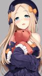  abigail_williams_(fate/grand_order) bangs bare_shoulders black_bow black_dress blonde_hair blue_eyes blush bow commentary_request dress eyebrows_visible_through_hair fate/grand_order fate_(series) forehead grey_background hat holding holding_stuffed_animal kazakura long_hair long_sleeves looking_at_viewer object_hug off-shoulder_dress off_shoulder orange_bow parted_bangs parted_lips polka_dot polka_dot_bow simple_background sleeves_past_wrists smile solo stuffed_animal stuffed_toy teddy_bear 