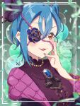  1girl absurdres balloon birthday blue_hair blush breasts commentary confetti flower_eyepatch highres kyaku_tasu looking_at_viewer love_live! love_live!_superstar!! medium_breasts red_eyes short_hair signature solo upper_body wakana_shiki watermark 