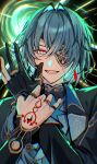  1boy absurdres anaxa_(honkai:_star_rail) aqua_hair black_jacket blue_eyes earrings enasuska eyepatch gloves hand_up highres honkai:_star_rail honkai_(series) jacket jewelry looking_at_viewer male_focus medium_hair one_eye_covered open_mouth partially_fingerless_gloves pink_pupils red_tattoo single_earring smile solo teeth upper_body upper_teeth_only 