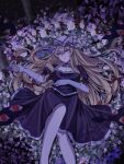  1girl absurdres blonde_hair breasts choker cleavage commentary dress elbow_gloves english_commentary expressionless feet_out_of_frame field flower flower_field frills gap_(touhou) gloves hair_between_eyes hand_on_own_stomach hat highres holding holding_flower izumi_481 long_hair lying mob_cap on_back purple_dress ribbon_choker short_sleeves solo touhou very_long_hair white_gloves yakumo_yukari yellow_eyes 