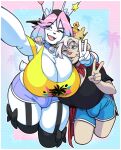 2022 anthro backwards_baseball_cap backwards_hat badger baseball_cap bell bell_collar big_breasts big_bulge black_baseball_cap black_clothing black_shirt black_t-shirt black_topwear blue_bottomwear blue_clothing blue_eyes blue_hair blue_hotpants blue_shorts boosterpang bottomwear breasts bulge burger_king burger_king_crown busty_boy_(lore) chest_tuft cleavage clothed clothed_anthro clothed_gynomorph clothing collar digital_drawing_(artwork) digital_media_(artwork) duo english_description eye_through_hair eyebrow_through_hair eyebrows eyelashes eyelashes_through_hair fur furgonomic_baseball_cap furgonomic_hat furgonomic_headwear furgonomics gesture gynomorph hair hand_gesture hat headgear headwear hi_res hotpants huge_breasts inner_ear_fluff intersex jamie_(boosterpang) jingle_bell jingle_bell_collar lagomorph leporid long_ears male_(lore) mallkin mammal multicolored_eyes multicolored_hair mustelid musteline one_eye_closed open_mouth open_smile pb_(theycallhimcake) pink_eyes pink_hair portrait purple_bottomwear purple_clothing purple_hotpants purple_shorts rabbit scut_tail selfie shirt short_tail shorts smile t-shirt tail tan_body tan_fur three-quarter_portrait topwear translucent translucent_hair tuft two_tone_eyes two_tone_hair v_sign white_hair wink yellow_clothing yellow_topwear