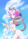  1girl animal_ears argyle_clothes argyle_dress arm_under_breasts blue_sky blush_stickers breasts cat_ears cat_girl cat_tail cleavage closed_mouth cloud commentary_request cowboy_shot day dress fur_collar looking_at_viewer medium_breasts outdoors purple_eyes purple_hair ragnarok_online short_hair sky sleeveless sleeveless_dress smile solo sorcerer_(ragnarok_online) tail white_dress yukimushi 