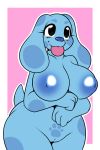  2018 anthro areola big_breasts blue&#039;s_clues blue_(blue&#039;s_clues) border breasts canine digital_media_(artwork) dog female hi_res inverted_nipples kloudmutt long_ears mammal nipples pussy short_stack simple_background smile solo tongue tongue_out white_border 