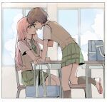  2girls bag bang_dream! bang_dream!_it&#039;s_mygo!!!!! black_socks blue_sky blush brown_eyes brown_sweater_vest chihaya_anon classroom closed_mouth cloud collared_shirt commentary_request day desk green_necktie green_skirt grey_eyes grey_hair hand_on_another&#039;s_face haneoka_school_uniform highres indoors kneehighs long_hair misumi_suki multiple_girls necktie parted_lips pink_hair pleated_skirt school_bag school_desk school_uniform shirt shoes short_hair short_sleeves sitting skirt sky socks sweatdrop sweater_vest takamatsu_tomori white_shirt white_shoes yuri 