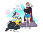 2022 anthro backwards_baseball_cap backwards_hat badger baseball_cap bell bell_collar big_breasts big_bulge black_baseball_cap black_clothing black_legwear black_shirt black_t-shirt black_thigh_highs black_topwear blue_bottomwear blue_clothing blue_eyes blue_hair blue_hotpants blue_shorts boosterpang bottomwear breasts bulge burger_king burger_king_crown busty_boy_(lore) cape cleavage clothed clothed_anthro clothed_female clothed_gynomorph clothing collar conjoined_speech_bubble controller dialogue digital_drawing_(artwork) digital_media_(artwork) duo english_description english_text female fur furgonomic_baseball_cap furgonomic_hat furgonomic_headwear furgonomics game_controller gesture gynomorph hair hand_gesture hat headgear headwear holding_controller holding_game_controller holding_object hotpants huge_breasts intersex jamie_(boosterpang) jingle_bell jingle_bell_collar lagomorph legwear leporid long_ears male_(lore) mallkin mammal multicolored_hair mustelid musteline nintendo_64_controller pb_(theycallhimcake) pink_hair pointing pointing_at_another rabbit scut_tail shirt short_tail shorts speech_bubble t-shirt tail tan_body tan_fur text thigh_highs topwear two_tone_hair white_body white_fur white_hair yellow_clothing yellow_topwear