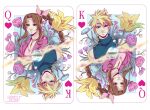  1boy 1girl aerith_gainsborough artist_name bare_shoulders blonde_hair blue_eyes blue_shirt border breasts brown_hair card choker closed_mouth cloud_strife dress final_fantasy final_fantasy_vii final_fantasy_vii_rebirth final_fantasy_vii_remake flower flower_choker gabbinesss green_eyes hair_between_eyes highres jacket king_(playing_card) king_of_hearts_(playing_card) lily_(flower) materia medium_breasts pink_dress pink_flower playing_card queen_(playing_card) queen_of_hearts_(playing_card) red_jacket shirt short_hair sleeveless sleeveless_turtleneck smile spiked_hair turtleneck upper_body white_border yellow_flower 