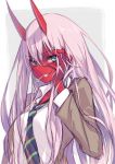  blue_neckwear collared_shirt commentary_request darling_in_the_franxx eyebrows_visible_through_hair fingernails green_eyes green_nails grey_background grin hair_between_eyes hand_on_own_face hand_up hong_(white_spider) horns jacket long_hair long_sleeves looking_at_viewer monsterification mouth_hold nail_polish neckerchief necktie oni pink_hair red_skin sharp_teeth shirt simple_background smile solo teeth upper_body very_long_hair white_shirt wing_collar zero_two_(darling_in_the_franxx) 