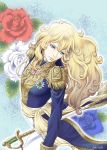  androgynous artist_name blonde_hair blue_background blue_eyes blue_flower blue_rose epaulettes expressionless flower leaning_back long_hair looking_down looking_to_the_side military military_uniform nogi_akira oscar_francois_de_jarjayes rapier red_flower red_rose rose sash sword tunic uniform versailles_no_bara wavy_hair weapon white_flower white_rose 
