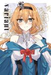  1girl black_hairband blonde_hair blue_capelet blue_eyes breasts capelet character_name crown dress earrings flower hair_between_eyes hairband highres jewelry kantai_collection kinona long_hair long_sleeves looking_at_viewer low-tied_long_hair medium_breasts mini_crown necklace red_flower red_rose rose smile solo valiant_(kancolle) very_long_hair white_dress 