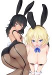  andou_(girls_und_panzer) angry animal_ears ass black_hair blonde_hair blue_eyes blush breasts brown_eyes bunny_ears bunnysuit cleavage debutya_aki fishnet_legwear fishnets girls_und_panzer highres large_breasts leotard looking_at_viewer multiple_girls open_mouth oshida_(girls_und_panzer) simple_background white_background 