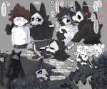 2024 4_fingers 5_fingers 6:5 anthro biped bite black_body black_fur black_pawpads black_sclera blue_eyes blush bodily_fluids bottomwear brown_hair canid canine canis changed_(video_game) chest_tuft claws clothed clothed_human clothing colored dialogue digitigrade directional_arrow drooling duo_focus fingers front_view fur fur_growth glowing glowing_eyes group growth hair heart_pupils heart_symbol hi_res holding_another human human_to_anthro japanese_text kissing kneeling lin_(changed) looking_at_another looking_pleasured male male_anthro mammal mask motion_lines narrowed_eyes netchy_boo nude_anthro one_eye_closed open_mouth open_smile pawpads paws puro_(changed) saliva sharp_teeth shorts smile snout snout_growth species_transformation speech_bubble standing sweat tail tail_growth tears teeth text thought_bubble three-quarter_view tongue tongue_out topless topless_human topless_male torn_bottomwear torn_clothing torn_shorts transformation transformation_sequence translation_request trio tuft white_eyes wolf