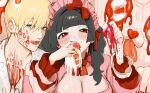  1boy 1girl black_hair blonde_hair blue_eyes blunt_bangs blush bow bowtie braid breasts cake cleavage collar_tug collared_shirt commentary commission food food_on_body food_on_face frilled_hairband frills gakudayo hair_bow hairband half-closed_eyes highres holding holding_cake holding_food large_breasts layered_sleeves licking long_hair looking_to_the_side open_mouth original red_eyes shirt short_hair skeb_commission strawberry_shortcake symbol-only_commentary tongue tongue_out twin_braids 
