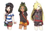  adapted_costume ahoge alternate_hair_length alternate_hairstyle arms_behind_back bag black_eyes black_hair blonde_hair blush cowboy_shot dark_skin ear_clip frown genderswap genderswap_(mtf) gladio_(pokemon) green_eyes green_hair hand_on_hip hat hau_(pokemon) highres long_hair looking_at_viewer medium_hair multiple_girls pokemon pokemon_(game) pokemon_sm shorts shoulder_bag simple_background smile unapoppo white_background you_(pokemon) 