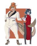 2025 anthro armwear asian_clothing aura_(lazysnout) bear big_tail blue_eyes blue_hair bottomwear breasts brown_stripes chinese_clothing chinese_dress cleavage clothed clothing colored_nails crossdressing dress dress_pants duo east_asian_clothing elbow_gloves eyewear female fin fish footwear freckles geometric_background giant_panda glasses gloves hair hair_bun hand_holding handwear hi_res high_heels indibun larger_female male mammal marine mizu_(lazysnout) nails notched_fin open_mouth orange_eyes orange_hair pants red_clothing red_dress red_nails requiem_shark round_ears round_glasses shark sharp_teeth shoes short_tail signature simple_background size_difference slit_dress smaller_male standing stripes suit tail tail_fin tan_body tan_skin teeth tiger_shark tongue trans_(lore) trans_woman_(lore) white_bottomwear white_clothing white_pants white_suit