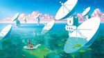  1girl blue_sky blue_theme boat building cloud fantasy fish fishing fishing_rod highres holding holding_fishing_rod lily_pad original outdoors parabolic_antenna scenery shirt sky standing star_(sky) starry_sky surreal umbrella water watercraft wide_shot yukoiwase 