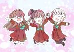  &gt;_&lt; 3girls :d aqua_neckerchief arms_up black_gloves black_pantyhose black_shoes blush brown_dress brown_hair colored_inner_hair commentary_request deformed dress falling_petals flower fujishima_megumi full_body gloves grey_hair hair_bun hair_flower hair_ornament half_gloves hasu_no_sora_school_uniform highres link!_like!_love_live! long_hair long_sleeves love_live! multicolored_hair multiple_girls neckerchief open_mouth otomune_kozue outline pantyhose petals pink_background pink_petals purple_hair raised_inner_eyebrows red_flower red_hair sailor_collar sailor_dress school_uniform shoes short_hair side_ponytail sidelocks single_side_bun smile socks star_(symbol) star_hair_ornament streaked_hair tassel tassel_hair_ornament two_side_up virtual_youtuber watage_modoki white_outline white_sailor_collar white_socks winter_uniform xd yugiri_tsuzuri 