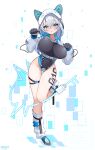 1girl absurdres animal_ear_hood animal_ears barcode belt black_belt black_leotard blue_bow blue_eyes blue_hair bow breasts cat_ears cat_tail covered_navel elegant_(sumisumi4268) full_body hair_bow highres hood large_breasts leg_tattoo leotard long_sleeves looking_at_viewer loose_socks number_tattoo original paw_pose puffy_long_sleeves puffy_sleeves shrug_(clothing) skin_tight socks solo standing standing_on_one_leg tail tattoo thick_thighs thigh_gap thigh_strap thighs usb_cable white_background white_hair white_socks wire 
