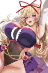  1girl alternate_costume armpits black_leotard blonde_hair blush breasts covered_navel crop_top ebi_193 elbow_gloves gloves hair_between_eyes hair_ribbon heart heart-shaped_pupils huge_breasts idol_clothes large_ribbon leotard long_hair open_mouth purple_eyes purple_shirt ribbon shirt smile solo symbol-shaped_pupils teeth thick_thighs thighs touhou unfinished upper_teeth_only v white_background white_gloves yakumo_yukari 