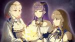 3girls ascot braid brown_hair closed_mouth collarbone commentary dress eight-pointed_star frilled_dress frills fujishima_megumi fujishima_megumi_(kuon_no_ginga_e) green_eyes grey_hair grin hair_intakes half_updo head_wreath highres link!_like!_love_live! love_live! low_twin_braids making-of_available michisato multicolored_hair multiple_girls off-shoulder_dress off_shoulder official_alternate_costume official_alternate_hairstyle open_mouth otomune_kozue otomune_kozue_(rinne_no_ginga_e) profile purple_eyes purple_hair red_hair side_braid sidelocks sideways_mouth smile split_mouth star_wreath streaked_hair twin_braids virtual_youtuber white_ascot yugiri_tsuzuri yugiri_tsuzuri_(fukuin_no_ginga_e) 