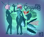 2_fingers 2_toes antennae_(anatomy) anthro arthropod beetle blue_body blue_nipples blue_skin breasts elateroid english_text feet female fingers firefly flat_chested genitals gesture glowing gossamer_(raunchyhaunches) hair hi_res insect multiple_angles nipples nude orange_eyes orange_sclera pixie_cut purple_hair raunchyhaunches reference_image slim small_breasts smile solo spots standing text toes vulva waving