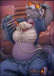 2025 5_fingers anthro biped breasts clothed clothed_anthro clothed_female clothing digital_media_(artwork) female fingers front_view gloves grey_body grey_tail handwear hi_res looking_at_viewer mask medical_instrument non-mammal_breasts one_eye_closed oxygen_mask purple_eyes reptile scalie scientific_instrument smile snake solo tail teeth text url vader-san wraps