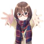 :d breath brown_eyes brown_hair commentary_request enpera eyebrows_visible_through_hair glasses grin highres jacket long_sleeves looking_at_viewer nekobaka open_mouth original outstretched_arms reaching_out scarf simple_background smile solo uniform upper_body white_background yellow_jacket 
