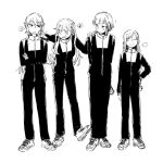  4girls 524ryo ;) ;d anger_vein arm_at_side arms_behind_back blunt_bangs commentary_request crossed_arms diagonal_bangs fujishima_megumi full_body greyscale grin hair_ornament hairclip hand_on_another&#039;s_cheek hand_on_another&#039;s_face hand_on_another&#039;s_shoulder hand_on_own_hip hasu_no_sora_gym_uniform high_contrast highres jacket link!_like!_love_live! long_hair long_sleeves looking_at_another love_live! low_ponytail monochrome multiple_girls notice_lines official_alternate_hairstyle ogami_sachi one_eye_closed otomune_kozue pants parallel_hairclips parted_lips ponytail puff_of_air shoes short_hair sidelocks simple_background smile sneakers speech_bubble spoken_anger_vein standing star_(symbol) star_hair_ornament track_jacket track_suit two_side_up virtual_youtuber white_background yugiri_tsuzuri 
