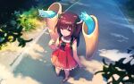  backpack bag black_hair black_ribbon commentary_request dappled_sunlight day flat_chest floating floating_object frilled_skirt frills from_above ghost grass hand_up hibi_tsuna highres kiritanpo_(food) knife_hair_ornament looking_at_viewer looking_up neck_ribbon nhk_(voiceroid) on_ground open_mouth outdoors oversized_food oversized_object perspective randoseru red_eyes red_shoes red_skirt ribbon road shade shoes short_hair short_sleeves skirt socks standing sunlight touhoku_kiritan tree twitter_username voiceroid white_socks 