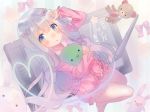  bangs blue_eyes blush bow breasts commentary eromanga_sensei eyebrows_visible_through_hair hair_bow izumi_sagiri long_hair looking_at_viewer low-tied_long_hair open_mouth pajamas pink_bow shouu-kun silver_hair small_breasts stuffed_animal stuffed_octopus stuffed_toy stylus tablet tareme 